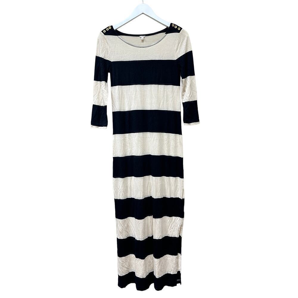 J. Crew Cream Black Linen Blend Side Slit Pullover Striped Maxi Dress Size XS